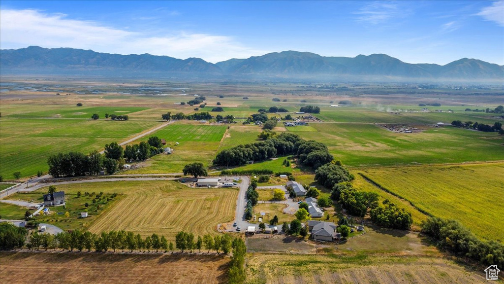 Drone / aerial view with a mountain view and a rural view