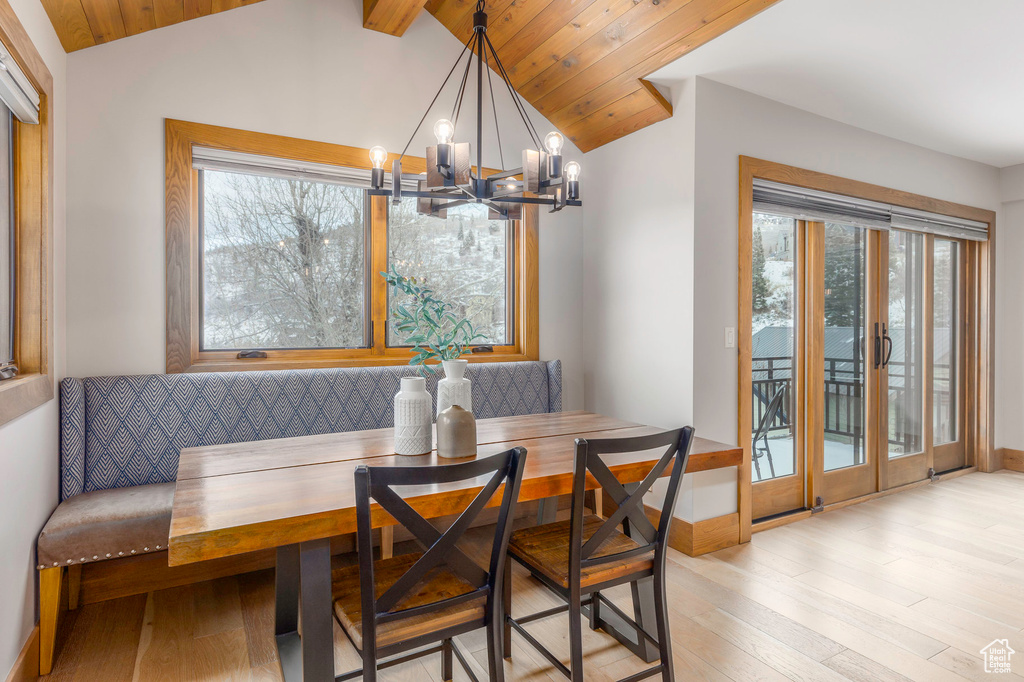 Dining room with a chandelier, light wood finished floors, wooden ceiling, and baseboards