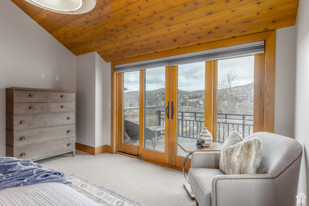 Bedroom with access to outside, carpet flooring, lofted ceiling, a mountain view, and baseboards
