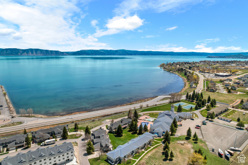 Aerial view of a water and mountain view