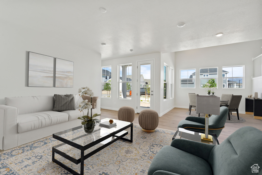 Living room featuring healthy amount of natural light, light wood-style floors, and baseboards