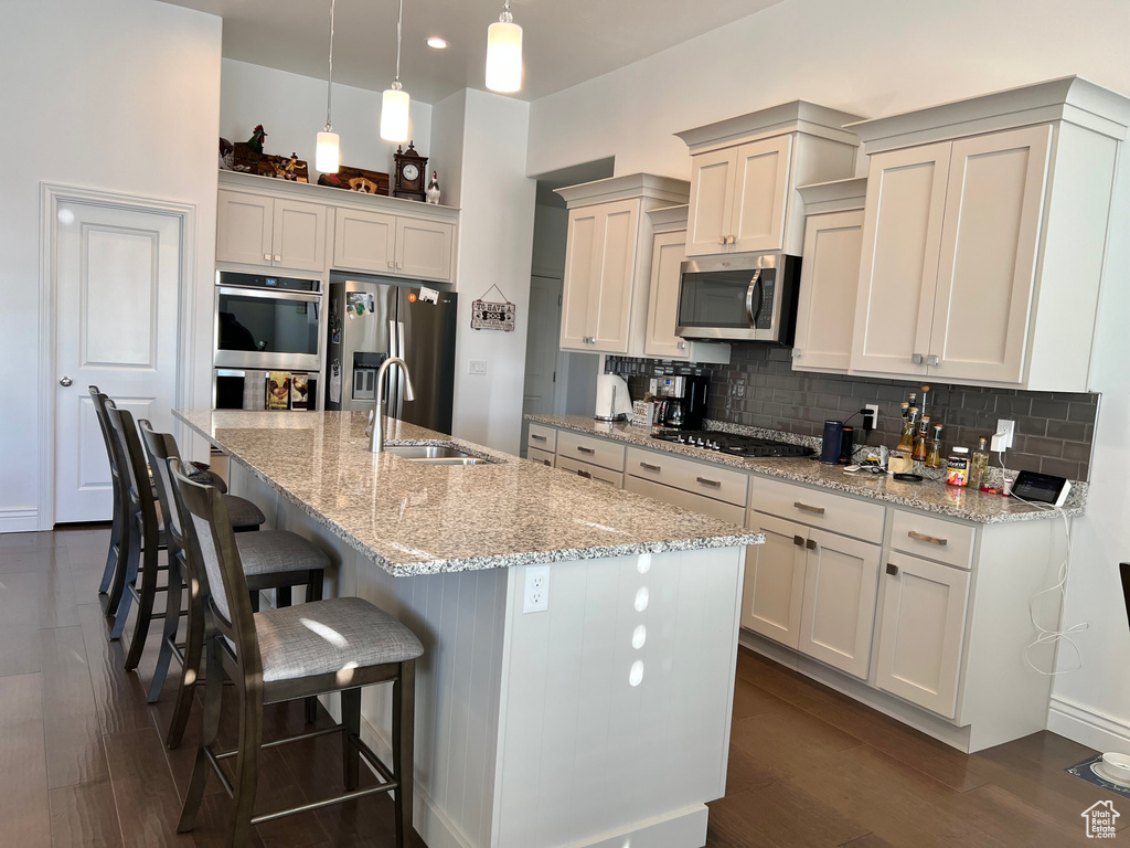 Kitchen featuring a center island with sink, sink, light stone countertops, appliances with stainless steel finishes, and dark hardwood / wood-style flooring