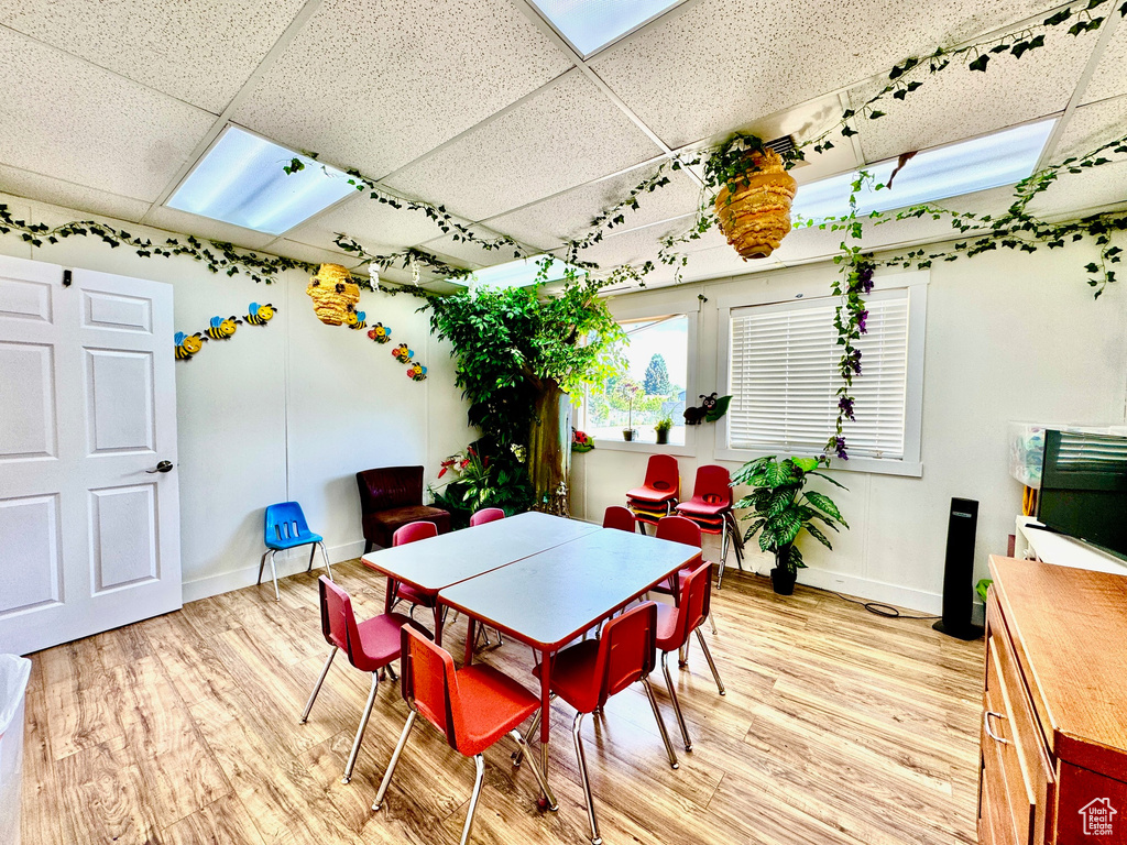 Dining space featuring a drop ceiling, baseboards, and light wood-type flooring