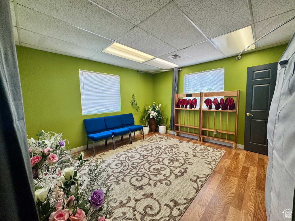 Living area featuring a drop ceiling, wood finished floors, and baseboards