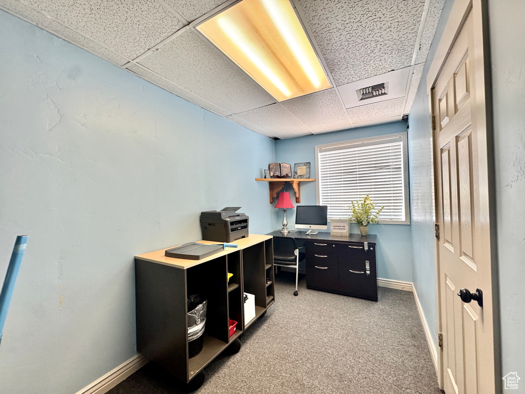Office with a drop ceiling, baseboards, and light colored carpet