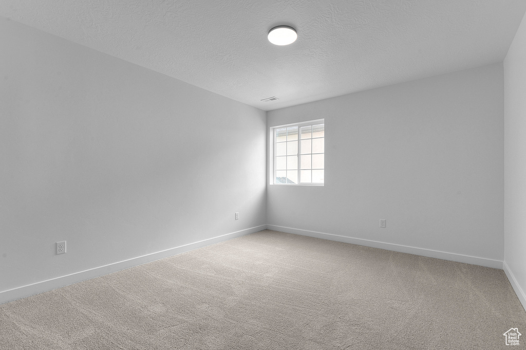 Empty room featuring baseboards, a textured ceiling, and light colored carpet