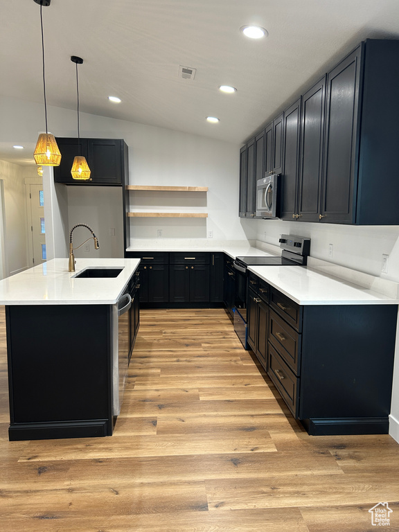 Kitchen featuring pendant lighting, stainless steel appliances, light hardwood / wood-style floors, and sink
