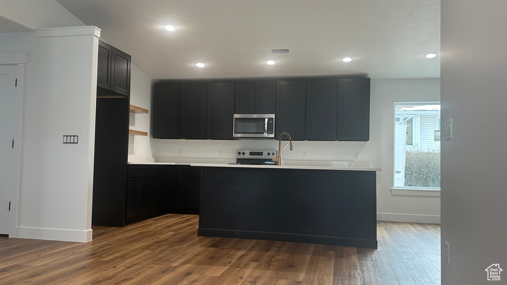 Kitchen with wood-type flooring and stainless steel appliances