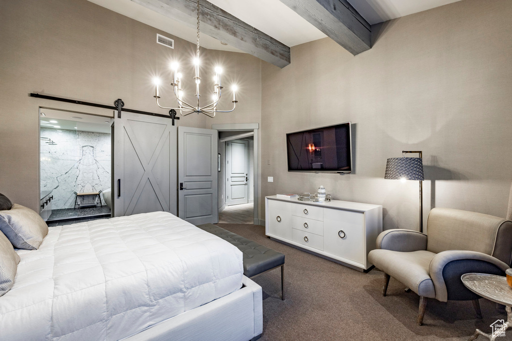 Bedroom with dark carpet, a chandelier, beamed ceiling, a towering ceiling, and a barn door