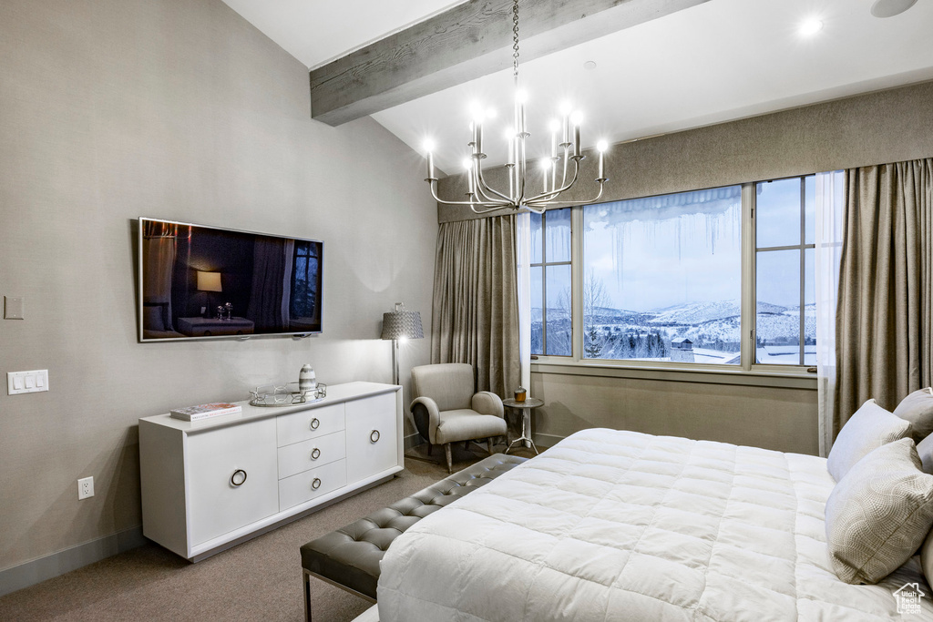 Carpeted bedroom featuring a chandelier, beamed ceiling, and baseboards
