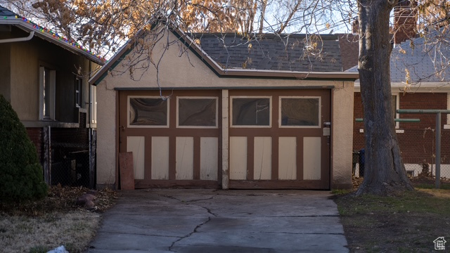 Exterior space with a garage