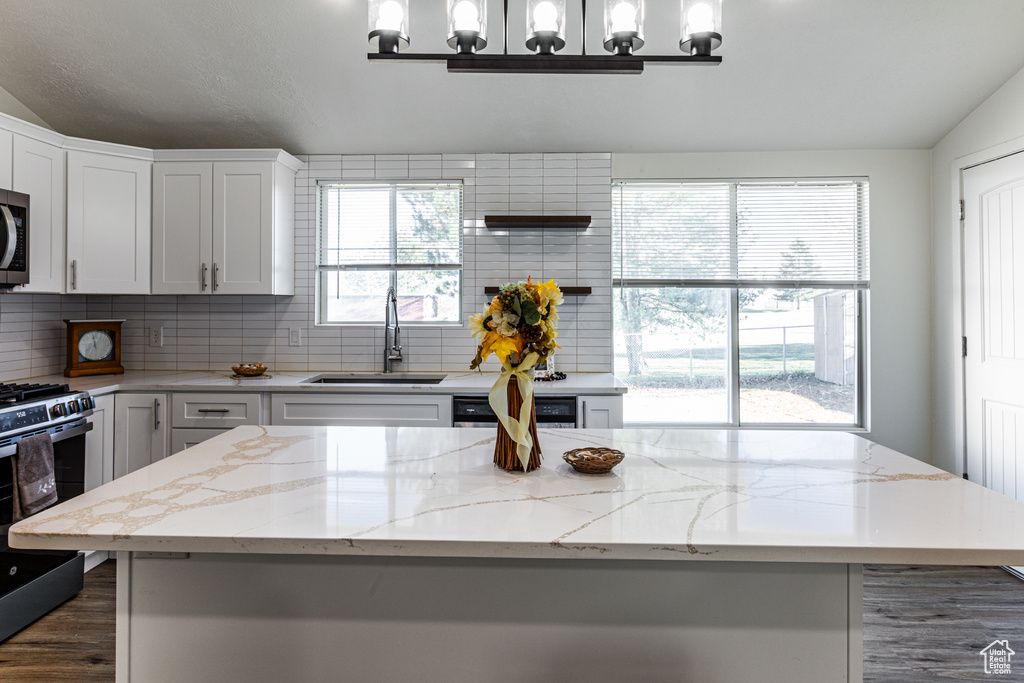 Kitchen with stainless steel appliances, a healthy amount of sunlight, sink, and pendant lighting