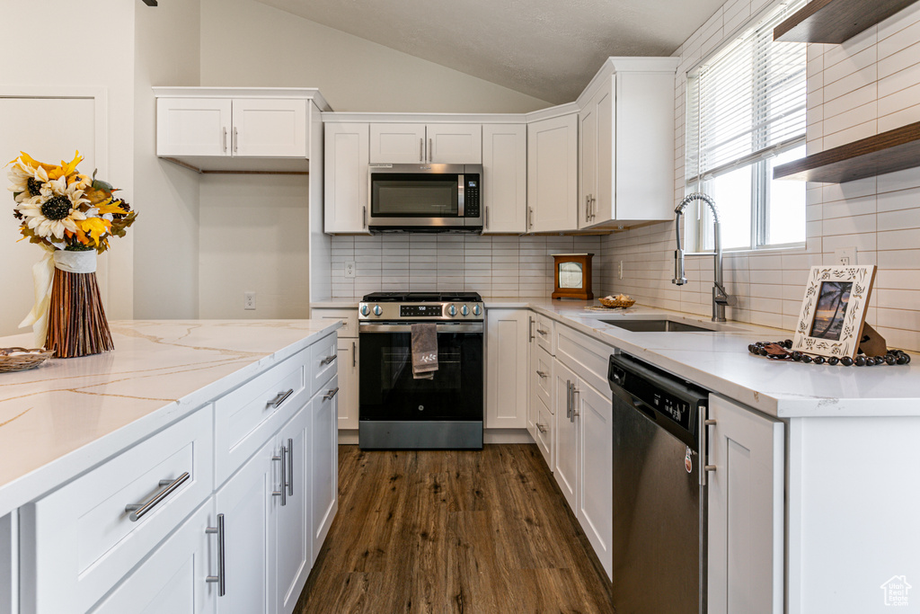 Kitchen featuring stainless steel appliances, white cabinetry, dark wood-type flooring, and sink