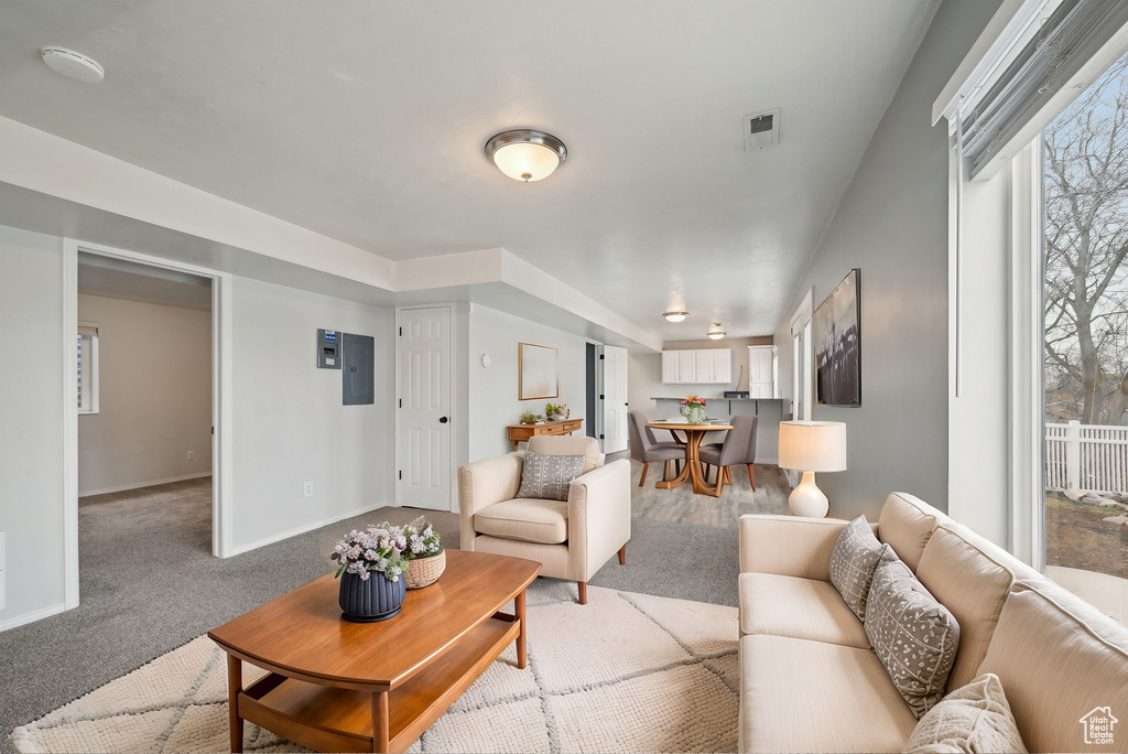 Living room with electric panel, light carpet, and baseboards