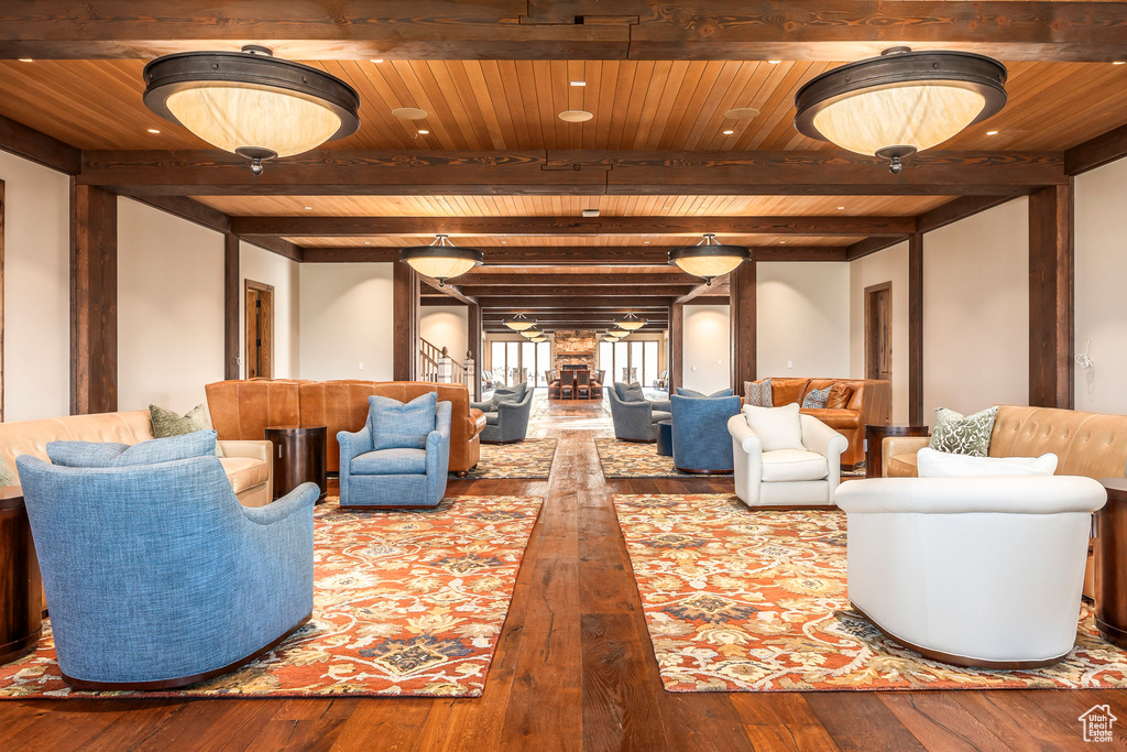 Building lobby featuring a wooden ceiling with exposed beams