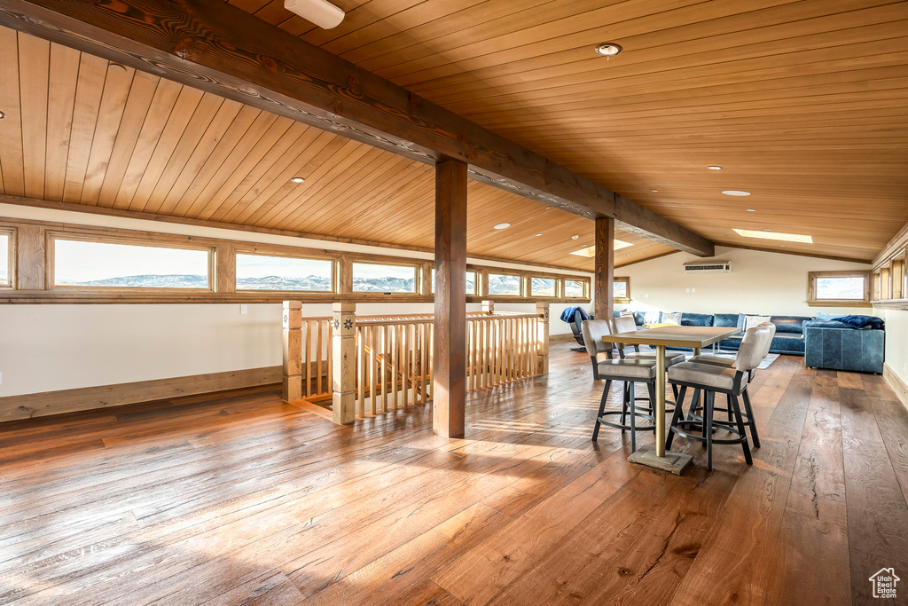 Dining area featuring hardwood / wood-style floors, wooden ceiling, and recessed lighting