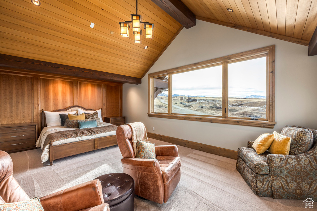 Bedroom with carpet flooring, wooden ceiling, and recessed lighting