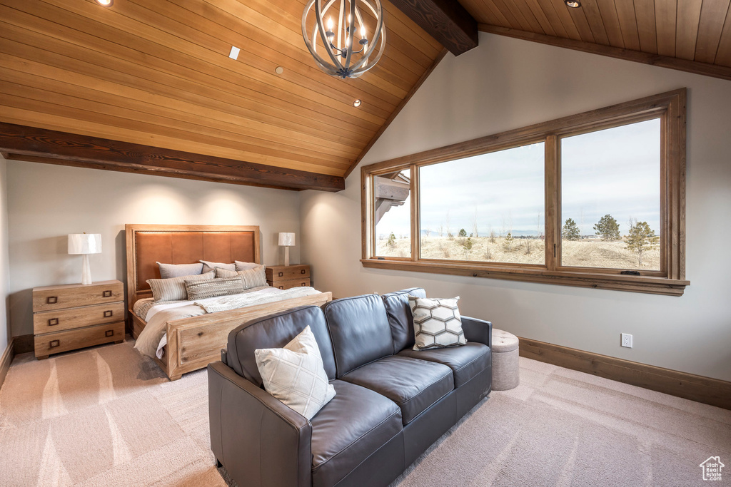 Bedroom featuring light carpet, wood ceiling, a chandelier, and recessed lighting