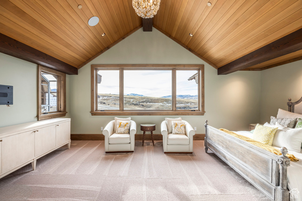 Bedroom with light carpet, wooden ceiling, a chandelier, and recessed lighting