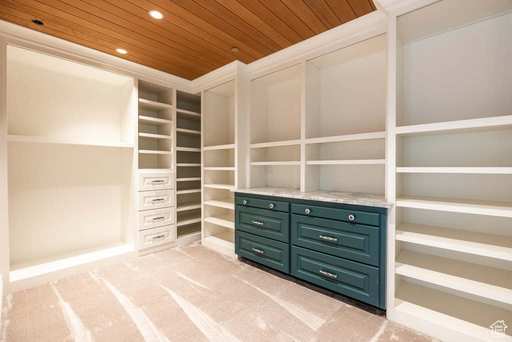 Walk in closet with light colored carpet