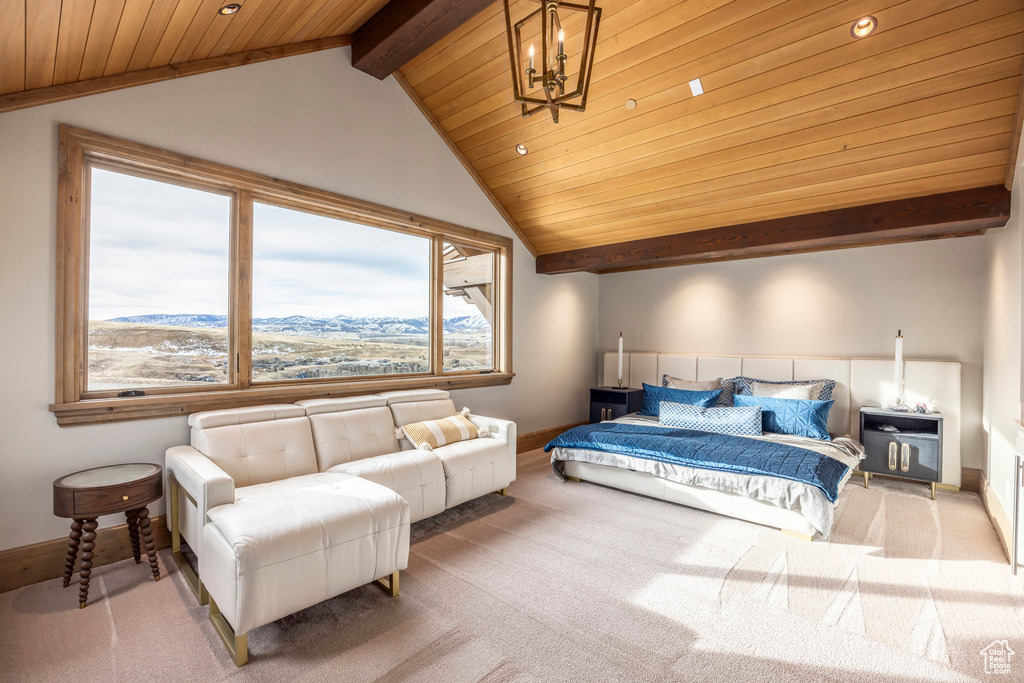 Carpeted bedroom featuring wooden ceiling and recessed lighting