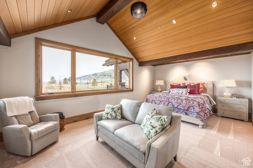 Bedroom featuring carpet, wooden ceiling, and recessed lighting