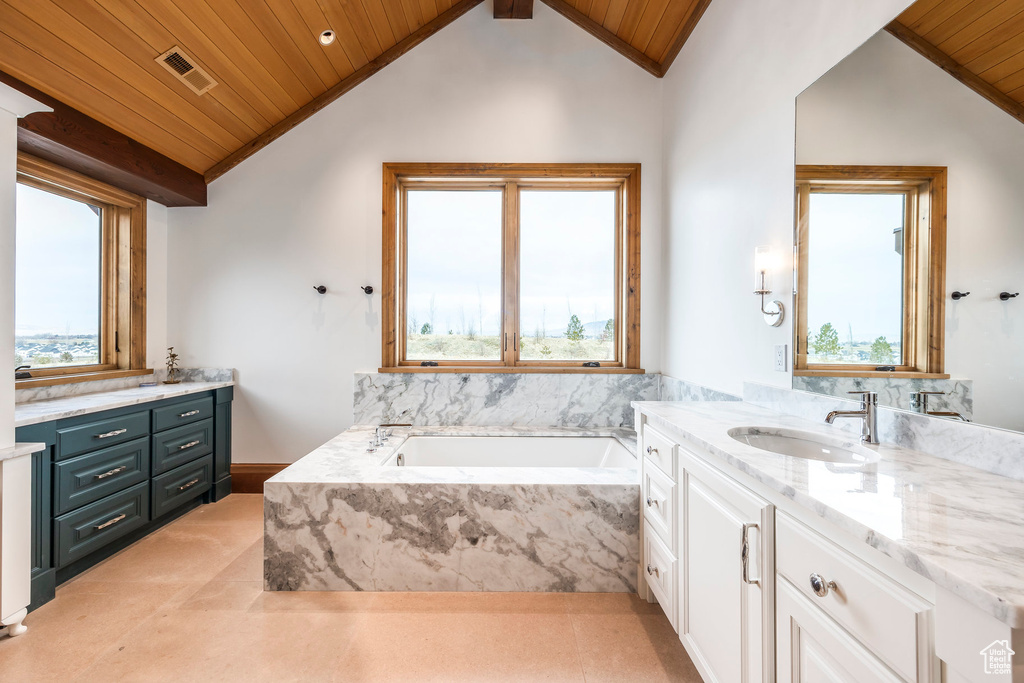 Full bath with wooden ceiling, vanity, vaulted ceiling, and healthy amount of natural light