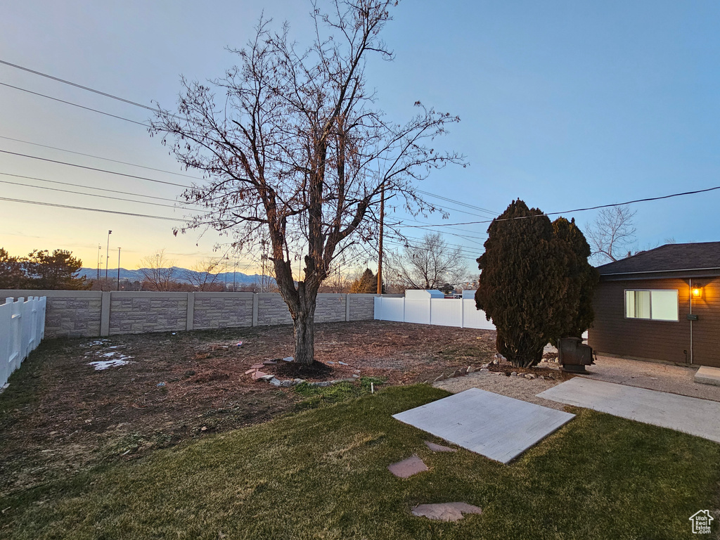 Yard at dusk featuring a patio area