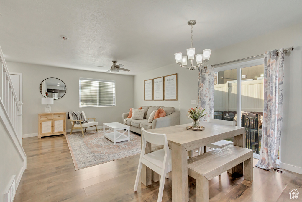 Dining space with ceiling fan with notable chandelier, light hardwood / wood-style flooring, and a wealth of natural light