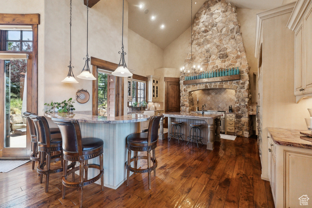 Kitchen with high vaulted ceiling, dark wood finished floors, a kitchen breakfast bar, an island with sink, and light stone countertops