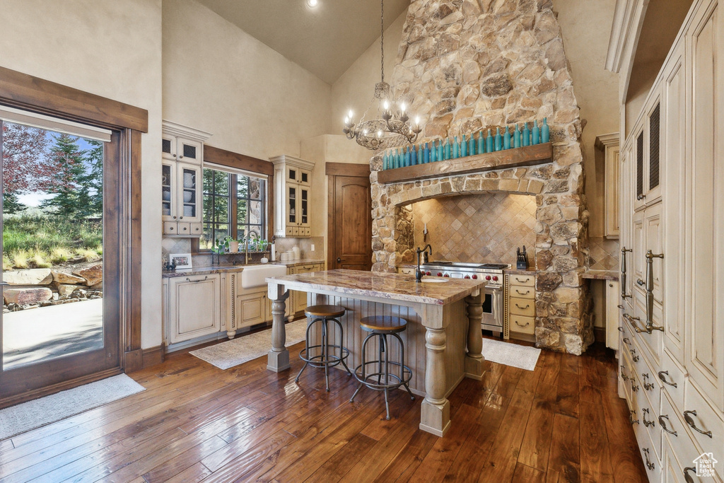 Kitchen featuring high end stainless steel range, high vaulted ceiling, a sink, decorative backsplash, and glass insert cabinets