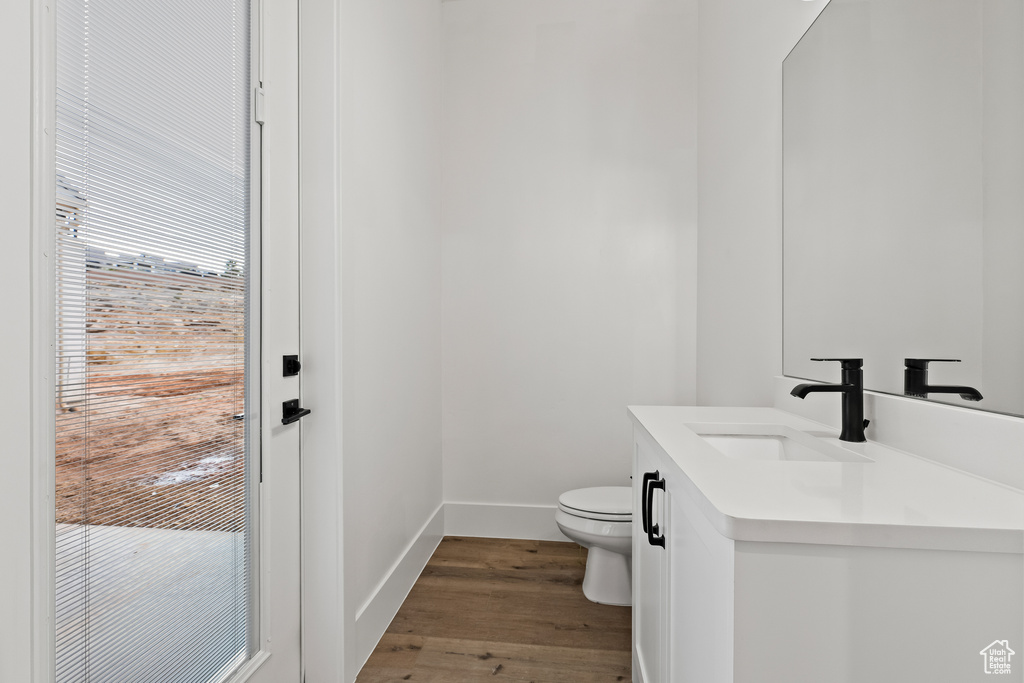 Bathroom with vanity, wood-type flooring, and toilet