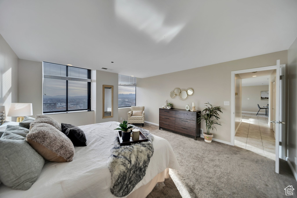 Bedroom with light carpet