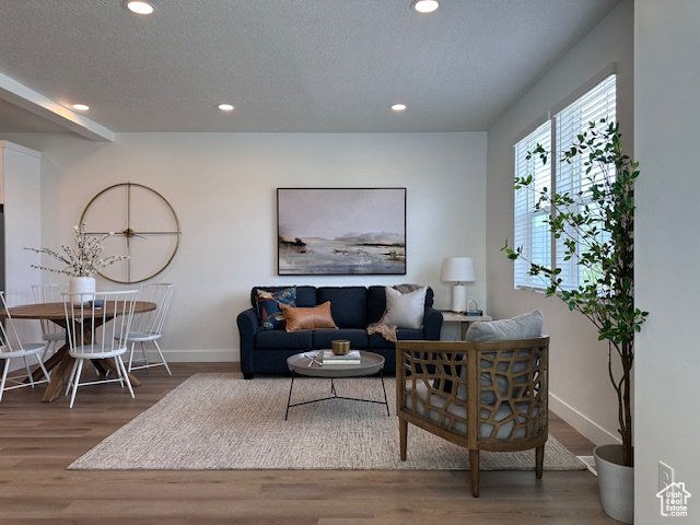 Living room with wood finished floors, recessed lighting, baseboards, and a textured ceiling
