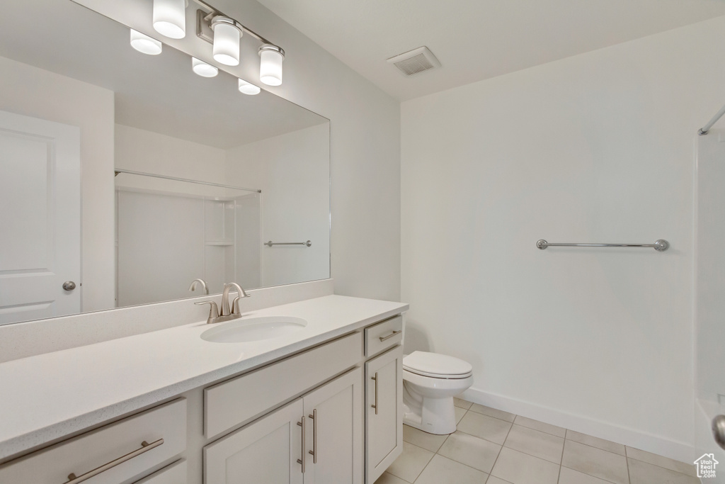 Full bathroom featuring tile patterned floors, toilet, vanity, walk in shower, and visible vents