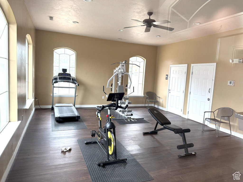 Exercise room with ceiling fan