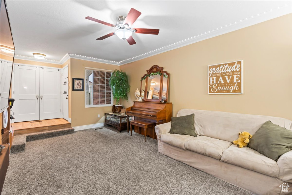 Carpeted living room with ceiling fan and ornamental molding