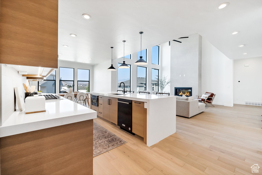 Kitchen with sink, light hardwood / wood-style flooring, decorative light fixtures, a fireplace, and a center island with sink