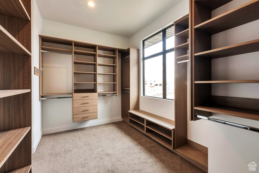Spacious closet with light colored carpet