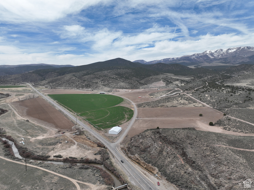Birds eye view of property with a mountain view