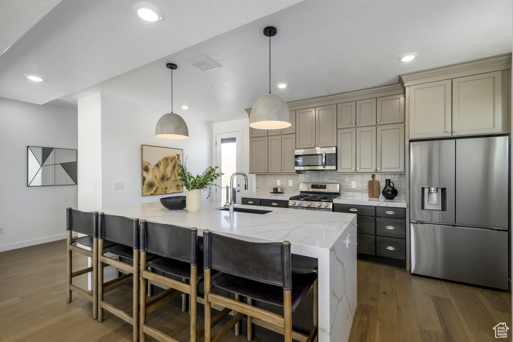 Kitchen with a sink, appliances with stainless steel finishes, gray cabinets, and dark wood-style floors