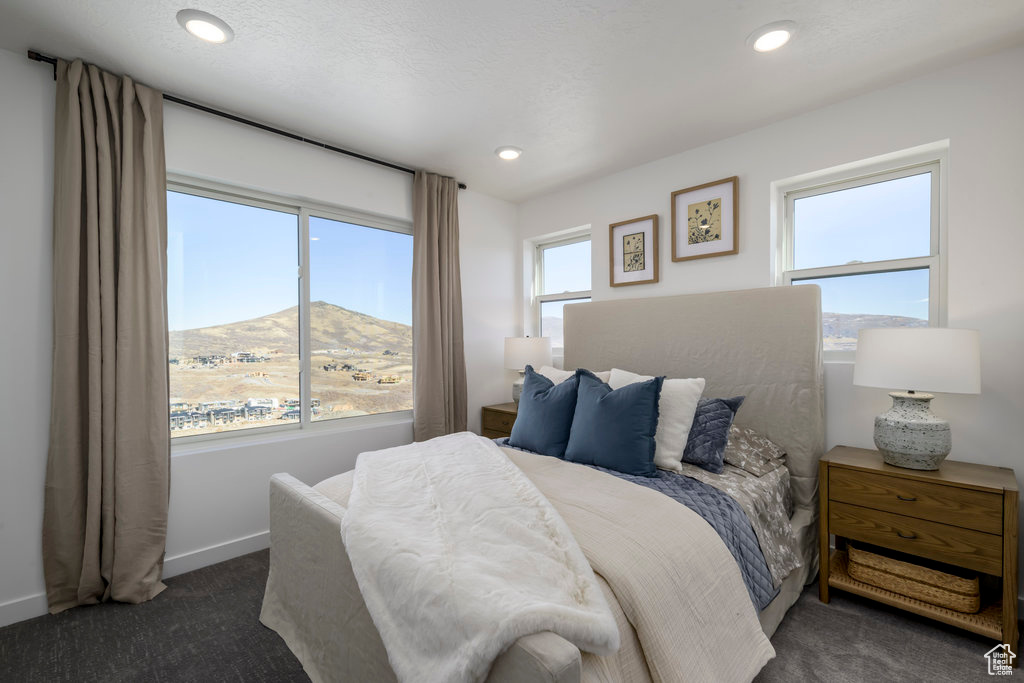 Carpeted bedroom featuring baseboards, recessed lighting, and a mountain view