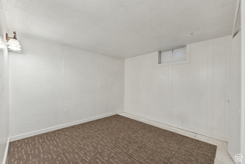 Basement with a textured ceiling