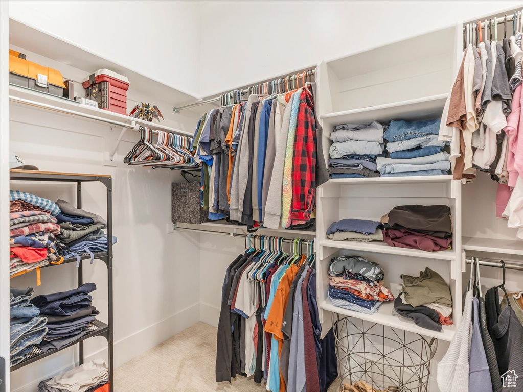 Spacious closet featuring light colored carpet