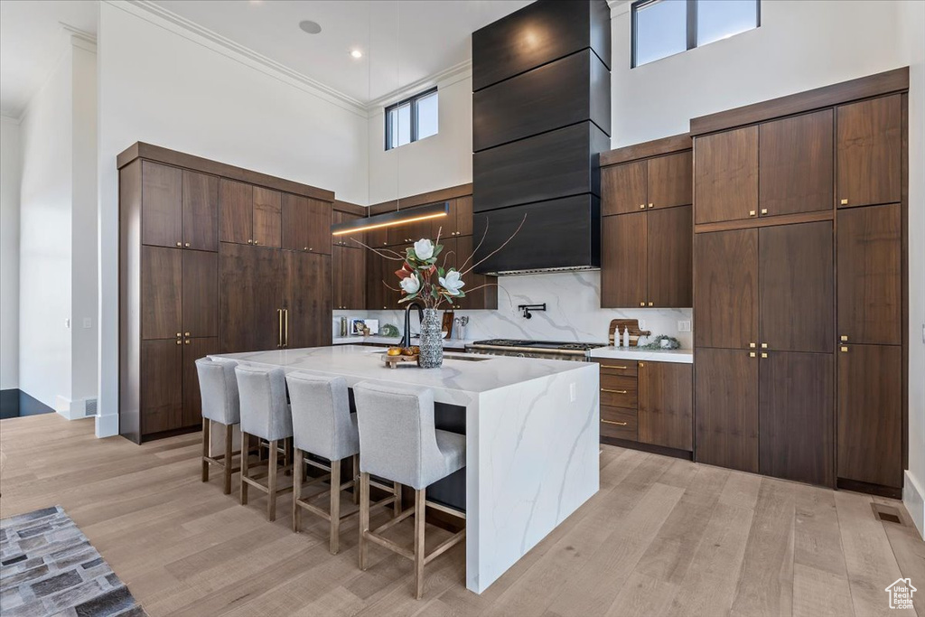 Kitchen featuring a towering ceiling, modern cabinets, a sink, light wood-type flooring, and a kitchen breakfast bar