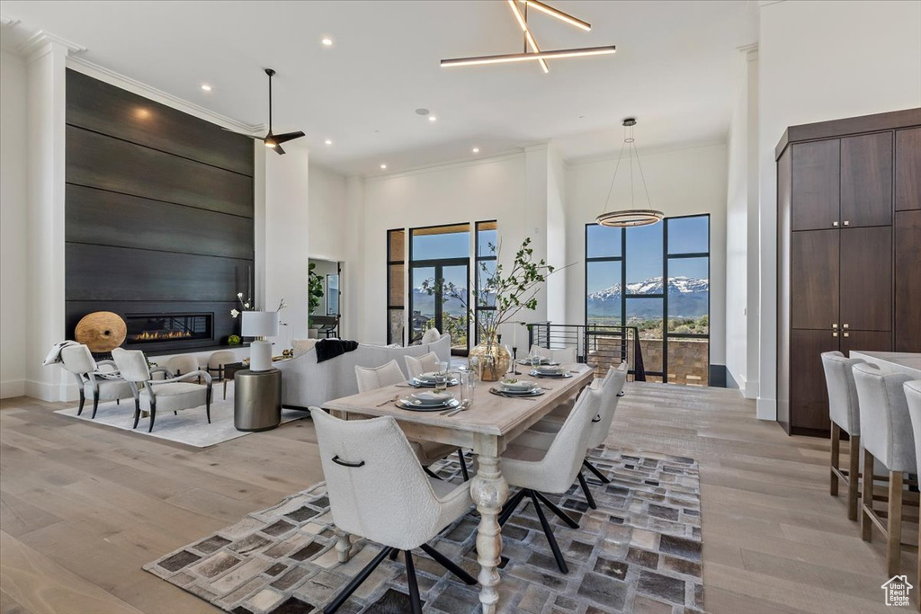 Dining room with light wood finished floors, plenty of natural light, a high ceiling, a chandelier, and recessed lighting