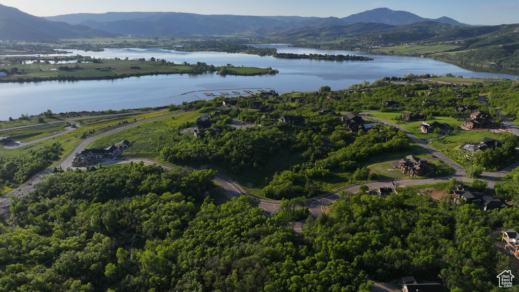 Aerial view of property and surrounding area with a water and mountain view
