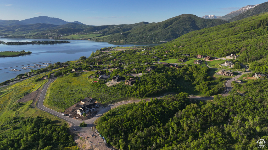Aerial overview of property's location featuring a water and mountain view and a forest