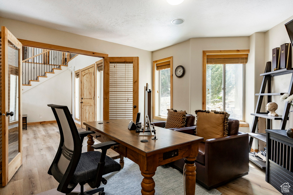 Office with light wood-type flooring