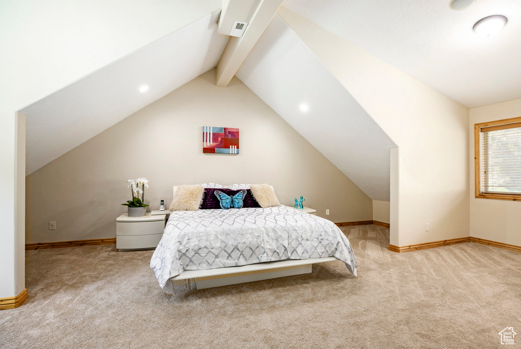Bedroom featuring carpet floors, baseboards, and recessed lighting